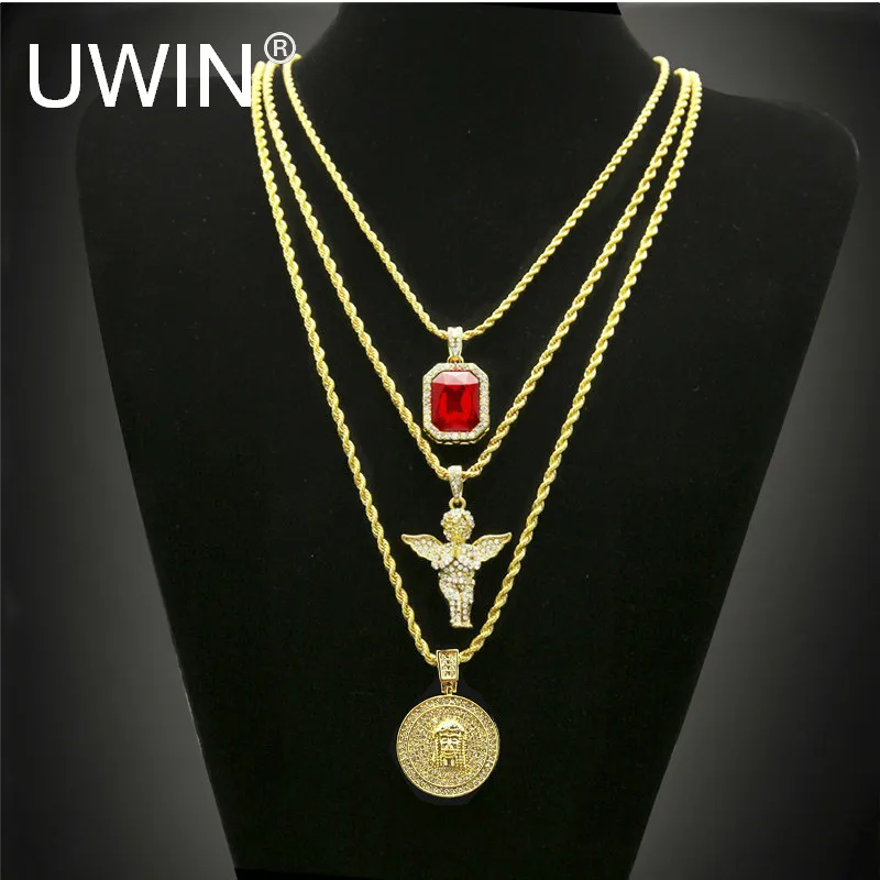 Hip Hop Gold Color Necklace Iced Out Rhinestone Crystal Jewelry Necklace Set With Angel Jesus Pendant Necklace Chain Hot Sale Hip Hop Gold Color Necklace Iced Out Rhinestone Crystal Jewelry Necklace Set With Angel Jesus Pendant Necklace Chain Hot Sale