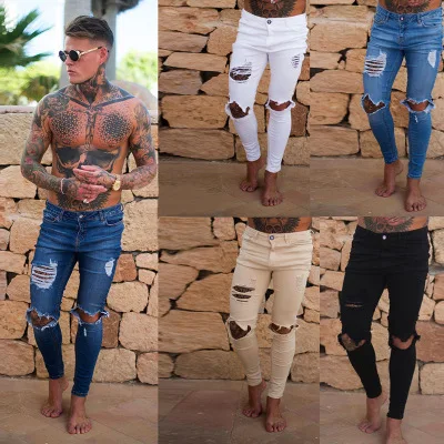 Мужские джинсы стрейч дизайн джинсы с молнией на щиколотке для мужчин мото рваные облегающие мужские джинсы Wihte черные синие брюки