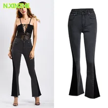 Женская Одежда Классическая посадка талии узкие эластичные панелями Потертая джинсовая ткань Капри женские брюки клёш старинные модные узкие Хлопковые джинсы