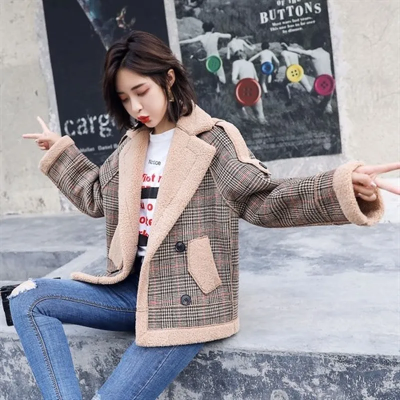 New Lamb Cashmere Coats Women Fur Plaid Coat Casual Outerwear Women Tweed Winter Coats