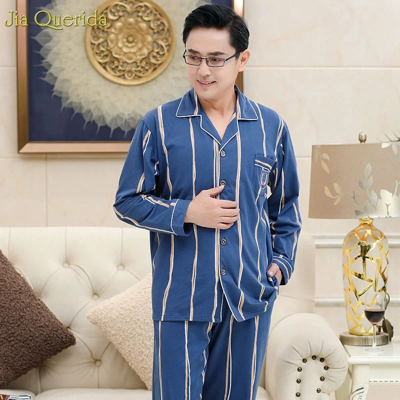 Sleep Suit Men Spring Autumn Cotton High Quality Brand Pajama Set Men Long Sleeve Blue Color Stripe Sleepwear Pajama Male