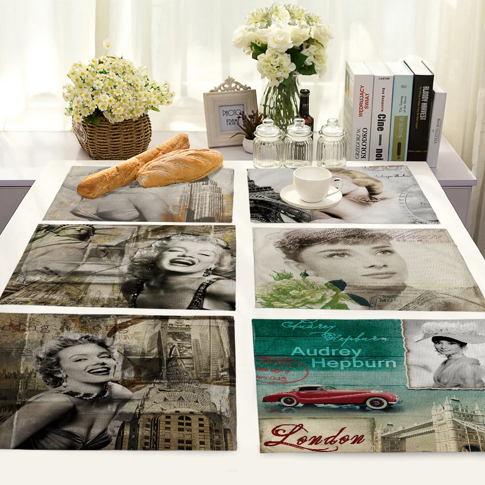 مارلين مونرو نمط المفارش للمطبخ الجدول القطن الكتان الجدول ماتس طاولة طعام الحرارة العزل الغربية سجادة الطعام