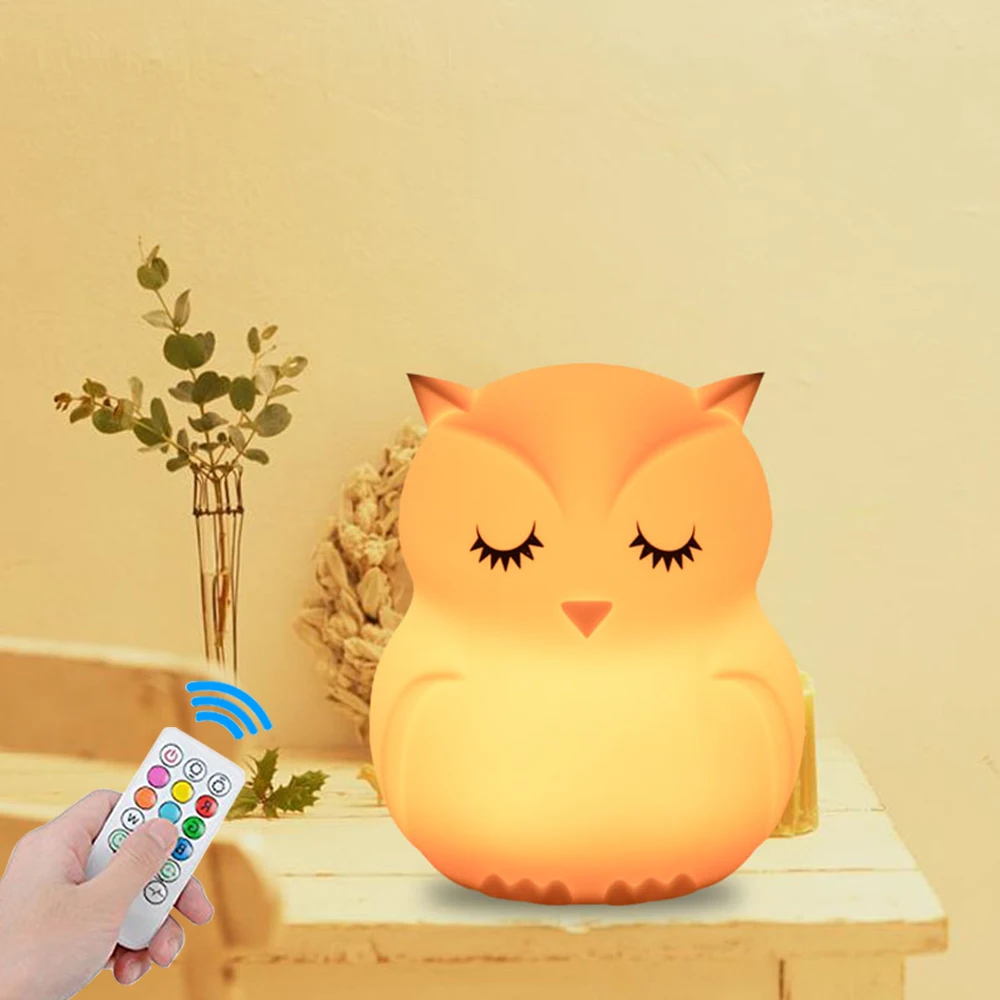 Owl Bird Hippo LED Night Light Touch Sensor 9 Colors Remote Control Timer Silicone USB Charging Children Bedroom Bedside Lamp