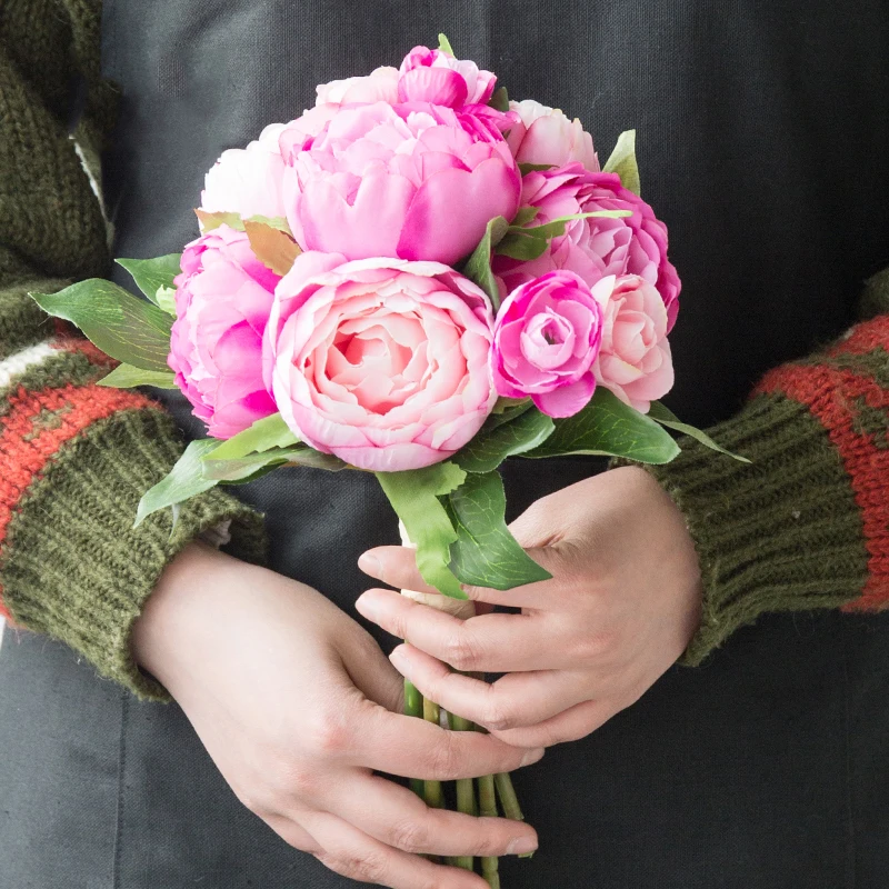 artificial silk peonies pink bridal bouquet fake flower  (68)
