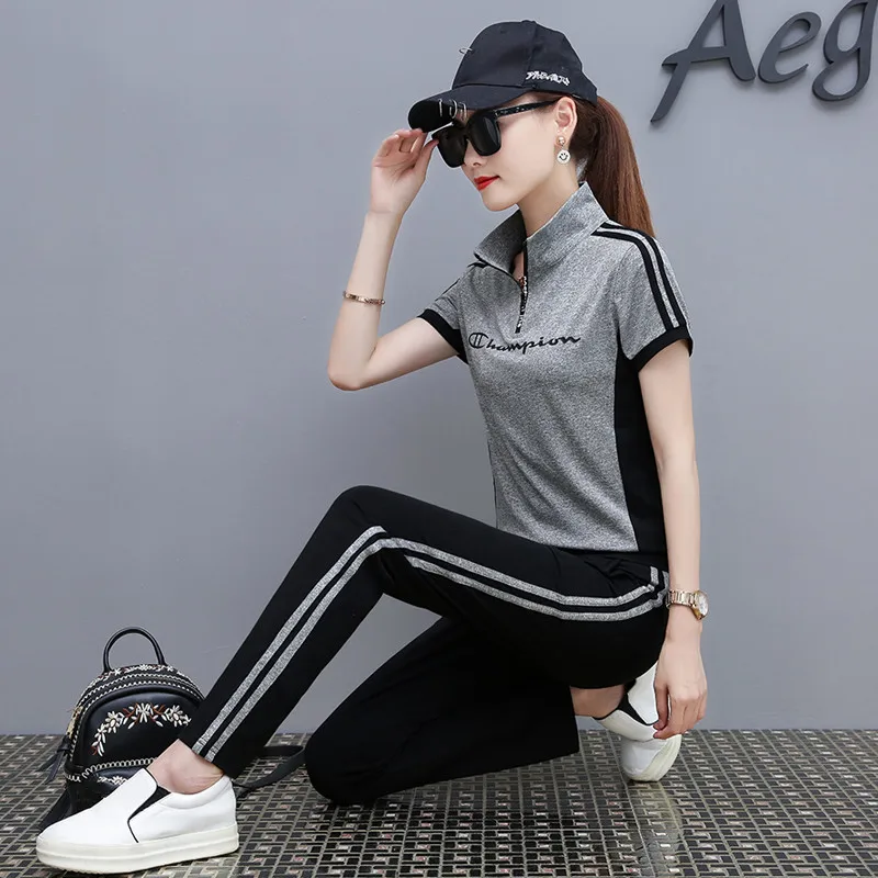 DHfinery summer two piece Set women casual short sleeve t shirt and trousers gray pink orange sportswear plus size M-4XL bs7275 Women's Sets