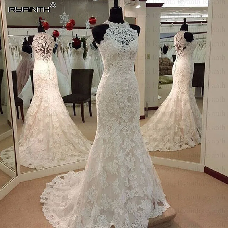 Vestidos De Noiva Sereia/ кружевные свадебные платья Русалочки с круглым вырезом, без рукавов, на молнии, свадебное платье Vestido De Casamento - Цвет: Шампанское