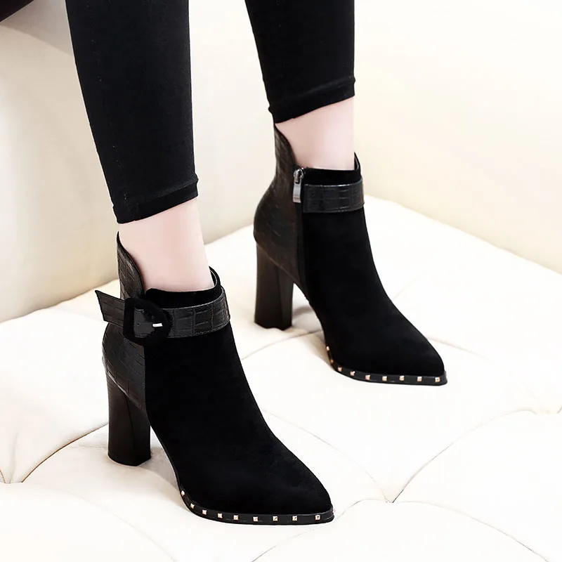 

European stiletto britle-style ankle boots 2018 new chunky heels with vintage pointed pumps boots women winter boots for girls