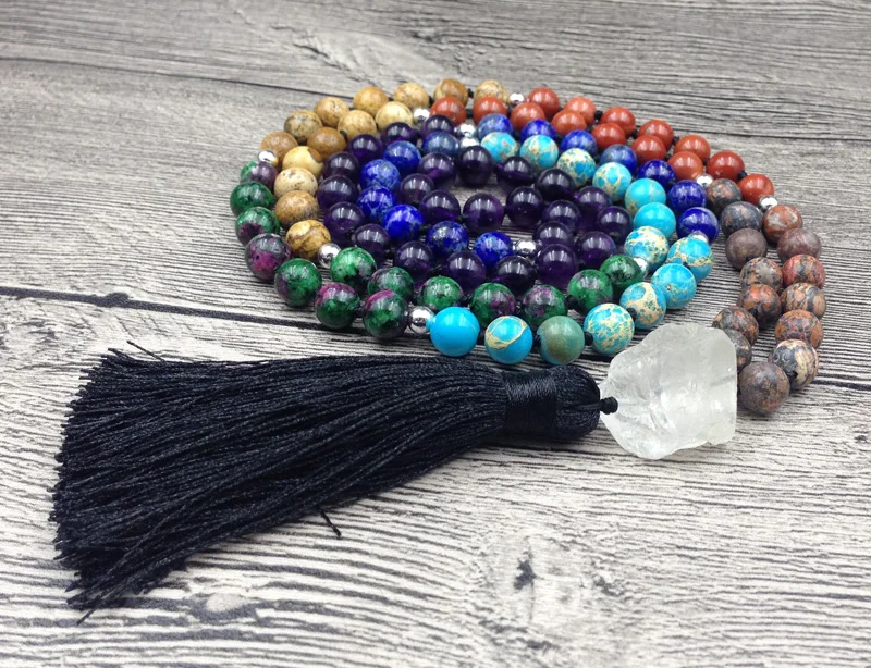 

YA2513 7 Chakra Mala Stone 8mm 108 Prayer Beads Clear Quartz Chunky Cord Tassel Knot Beads Handmade Necklaces