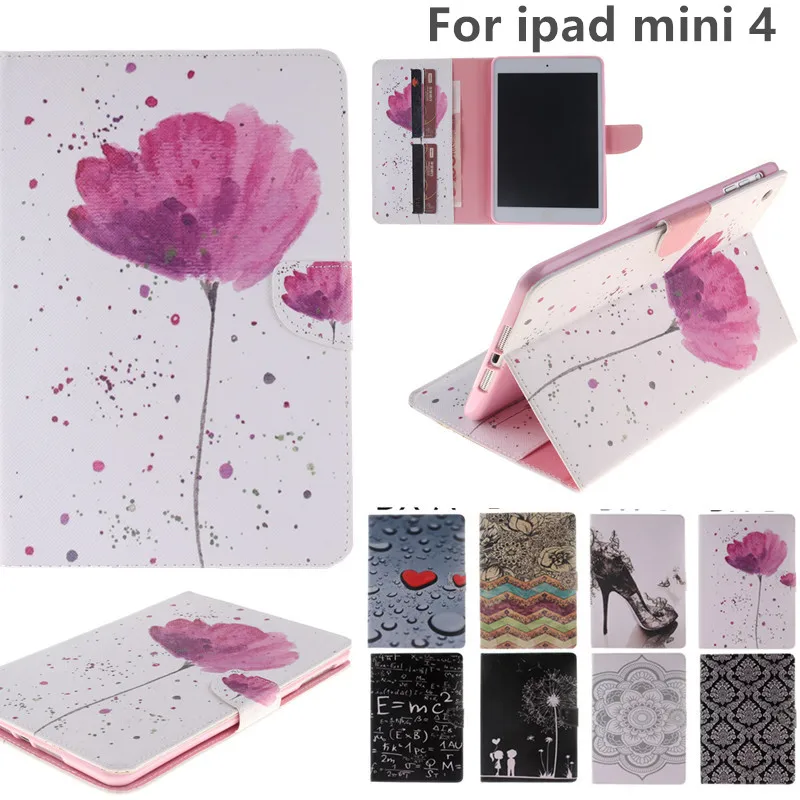 

Fashion Two Side Flower Flip Wallet Case For Apple iPad Mini 4 Case PU Leather Stand Tablet Cover Case With Card Money Holder