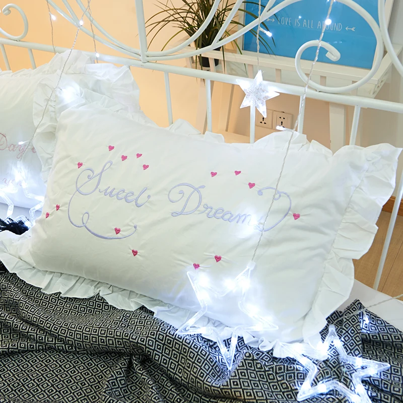 

Cilected Sweet Dream Embroidery Ruffles Pillow Case Cover Home White Pillow Sham For Princess Bedding Sleeping 48x74cm