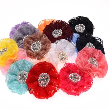 

60PCS Newborn Hair Flower Fashion Hair Accessories Cute Lace Flower Rhinestone Cluster hair flower No Hair clips for Headband