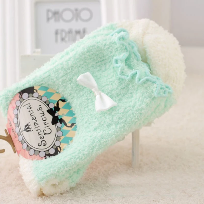 1 Pair Women Warm Socks Candy Color Solid Soft Women Girls Fluffy Socks with Bows Coral Velvet For Princess Holiday Birthday Gifts10