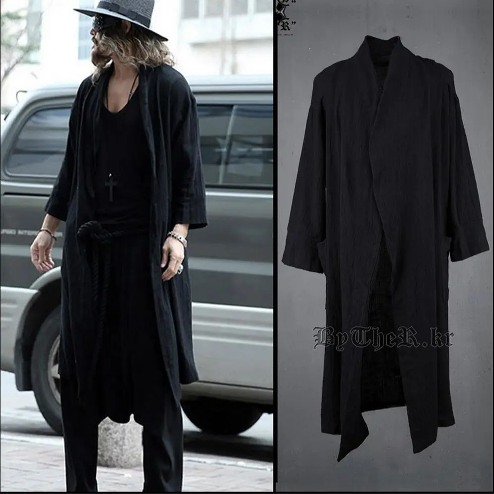 Mens Long Coat Chinese Hood Cotton Linen Outwear Thin Button Over Knee Loose Fit 