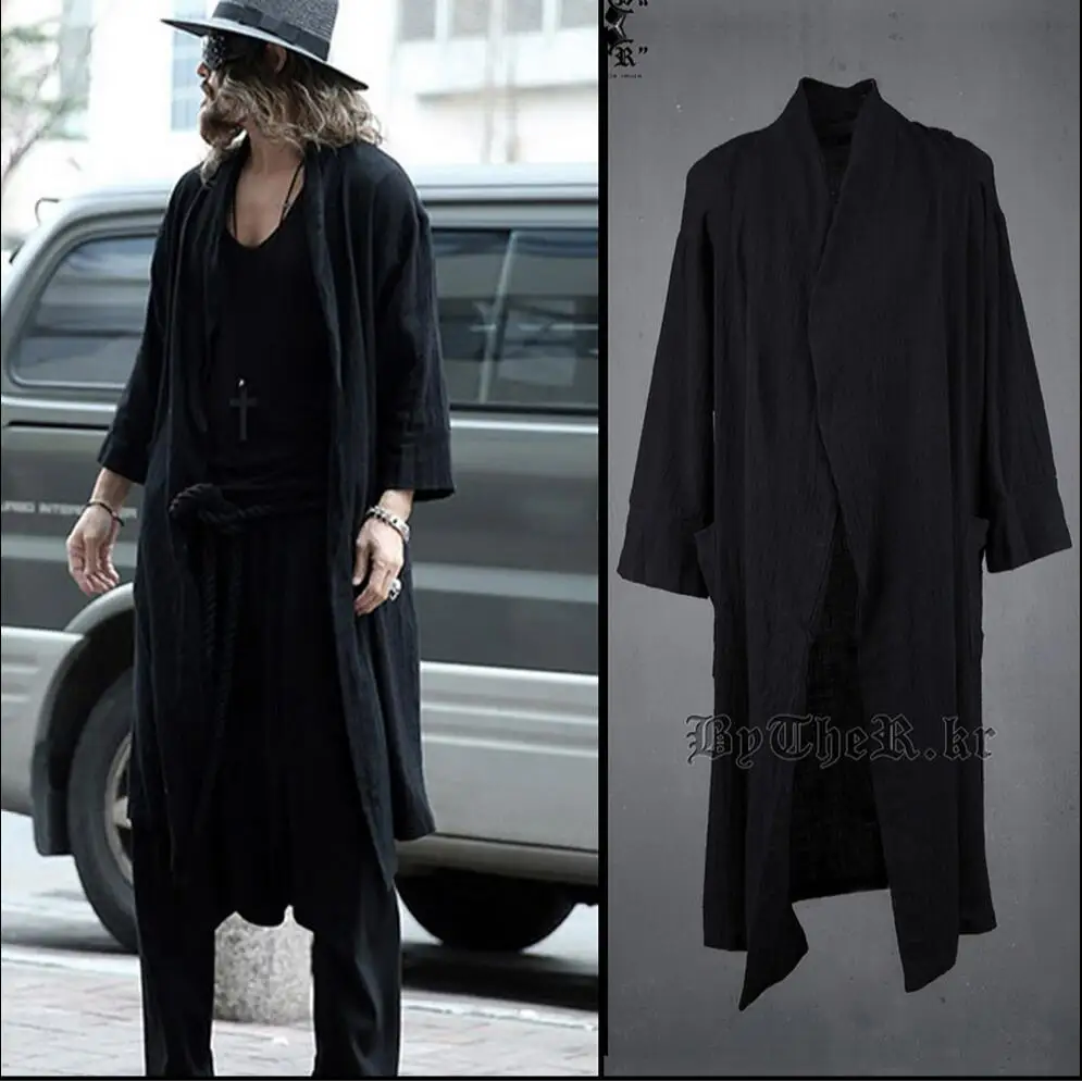 

Men cotton linen long coat black windbreaker punk jacket thin casual trench hairstylist nightclub singer costumes 2019 Summer