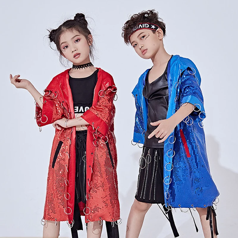 

2019 New Selling Children's Jazz Dance Performing Sequin Costume Boys'and Girls' Drumming Handsome Coat Hip-hop Clothes BL1007