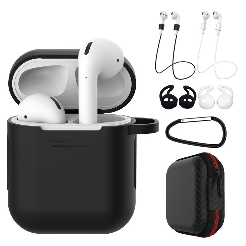 7 шт. в 1 наборы из силикона защитные аксессуары наборы для Airpods 1 2 Чехол крюк НАМОТКИ КОРОБКА крышка набор наушников держатель кольцо ремень - Цвет: black