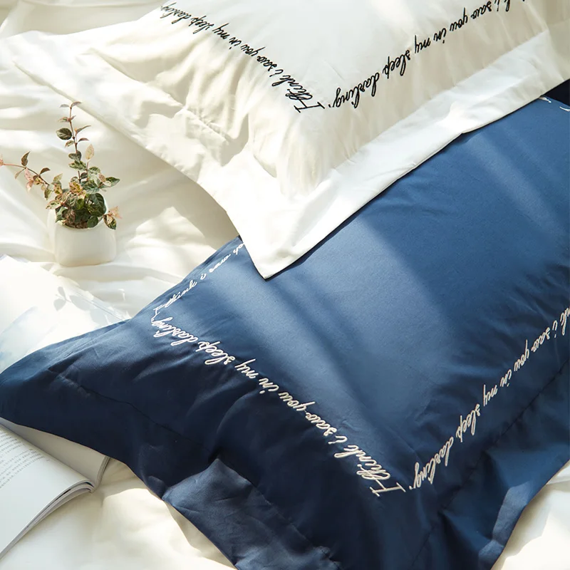 1 Pair White/Deep Blue Bed Pillow Case Soft Pillowcase Couple Pillow
