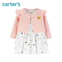 2pcs cute print bodysuit Dress glitter heart Flutter shoulder Cardigan Set Carter’s baby girl fall clothing 126H632