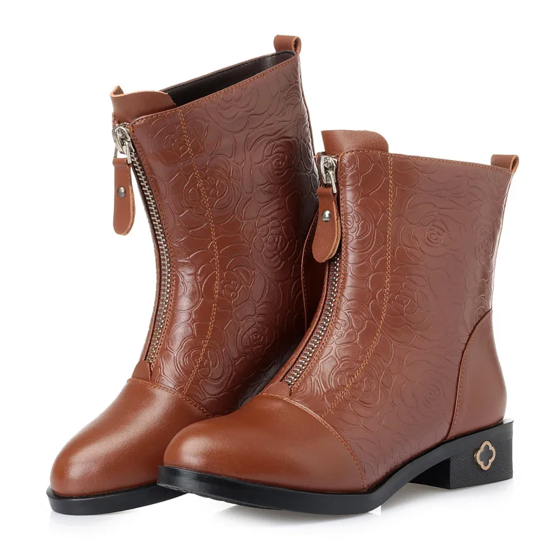 

Large Size 35-42 Women Mid-calf Boots with Zip Thick Winter Boots with Fur Women Genuine Leather Round Toe Ladies Winter Boots