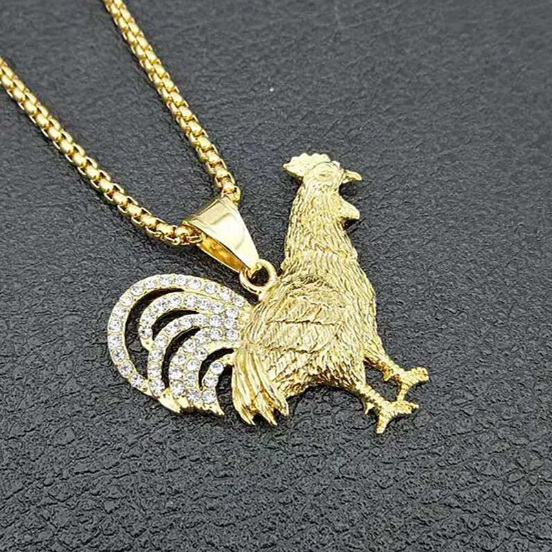 

Hip Hop Rhinestones Paved Gold Color Stainless Steel Chicken Cock Rooster Pendants Necklace for Men Jewelry