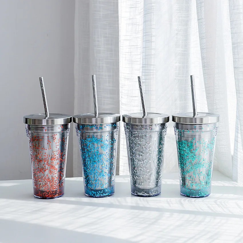 

Korean Sequined Stainless Steel Straw Insulation Cup Double Insulation Office Water Cup Men's and Women's Portable Couple Cup
