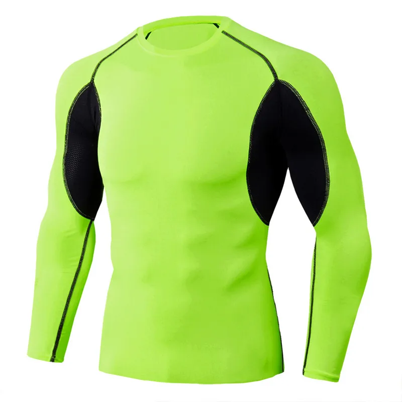 Новинка, Мужская футболка для спортзала, для бега, компрессионные трико, с длинным рукавом, Спортивная футболка, быстросохнущая, для мужчин, спортивная одежда, 11 цветов, футболки - Цвет: Fluorescent green