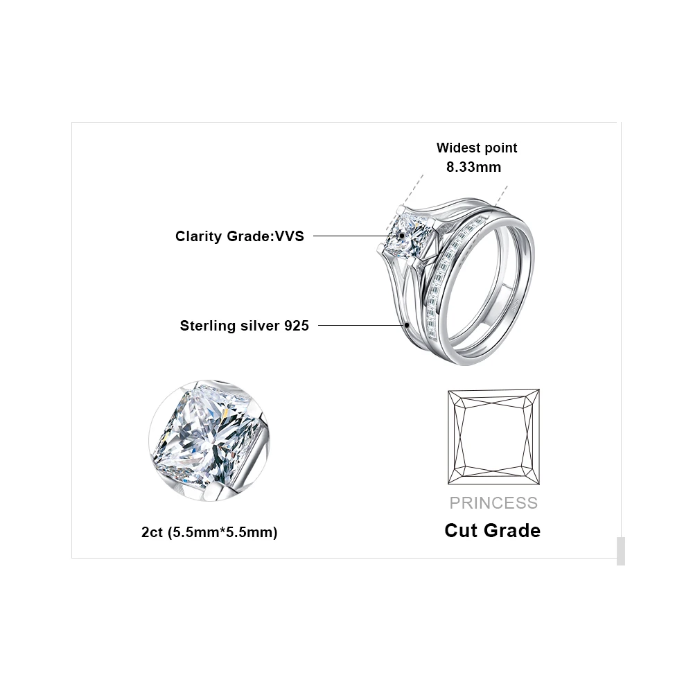 JewelryPalace Hot 2ct Princess Cut Solitaire Ring Engagement Wedding Band Rings Bridal Channel Sets 925 Sterling Silver Jewelry