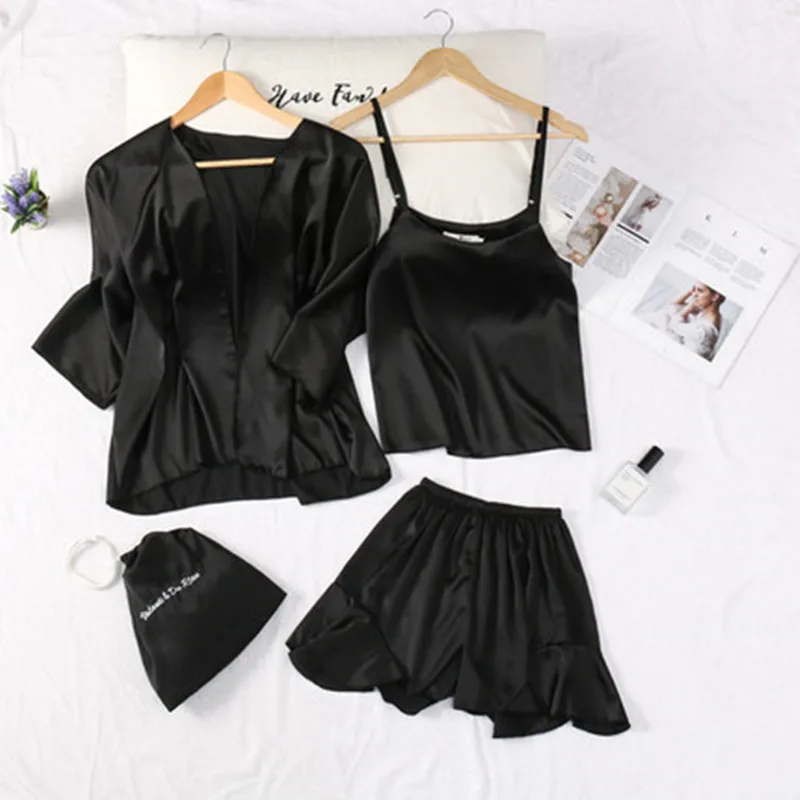 

2019 Sleepwear Para Pajamas Women's Summer Ice Silk Sexy Sling Size Shorts 4Pcs/Lot Suit Short-sleeved Silk Thin Pyjamas