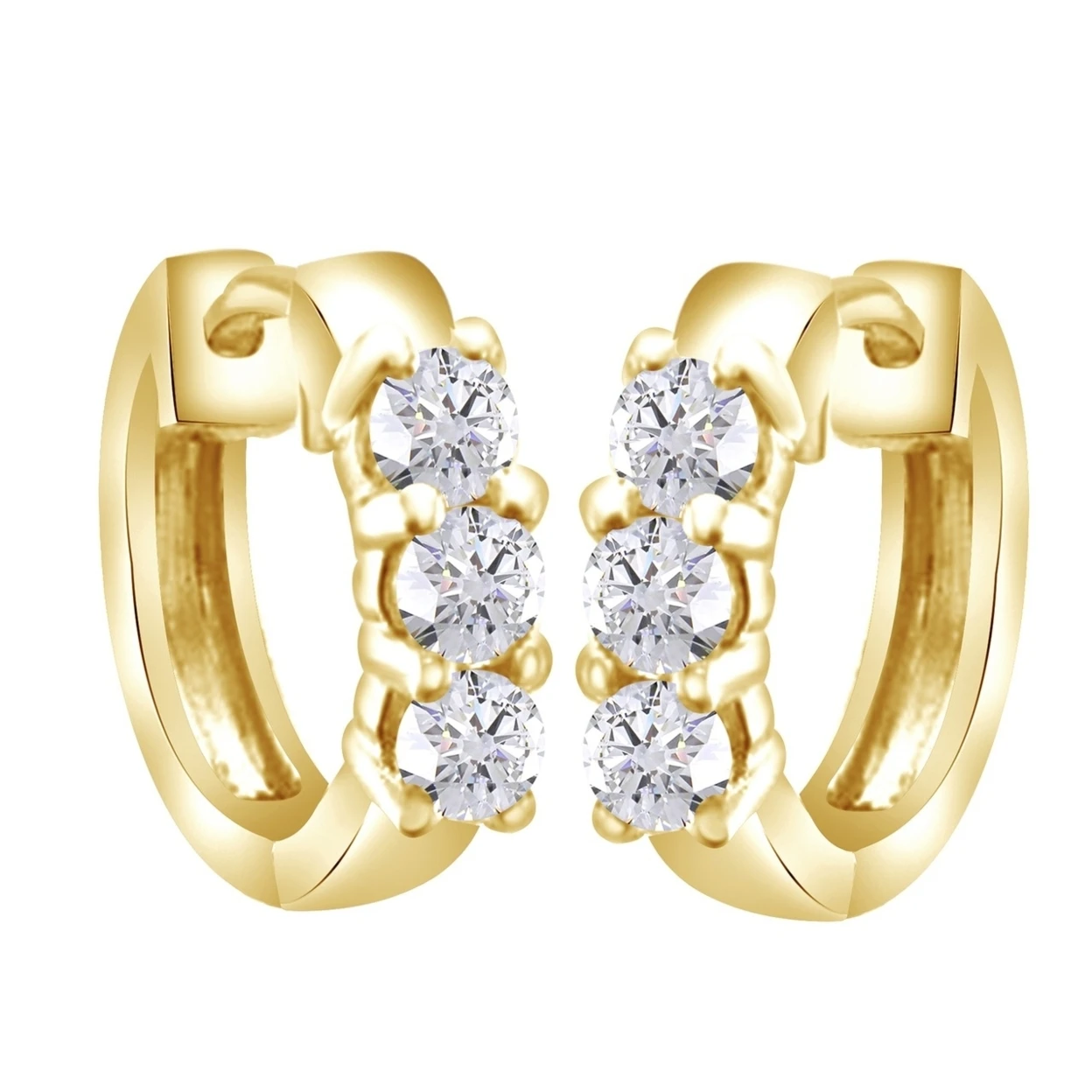 0.75 Ct Round Cut D/VVS1 14K Yellow Gold Three Stone Hoops Huggies Earrings