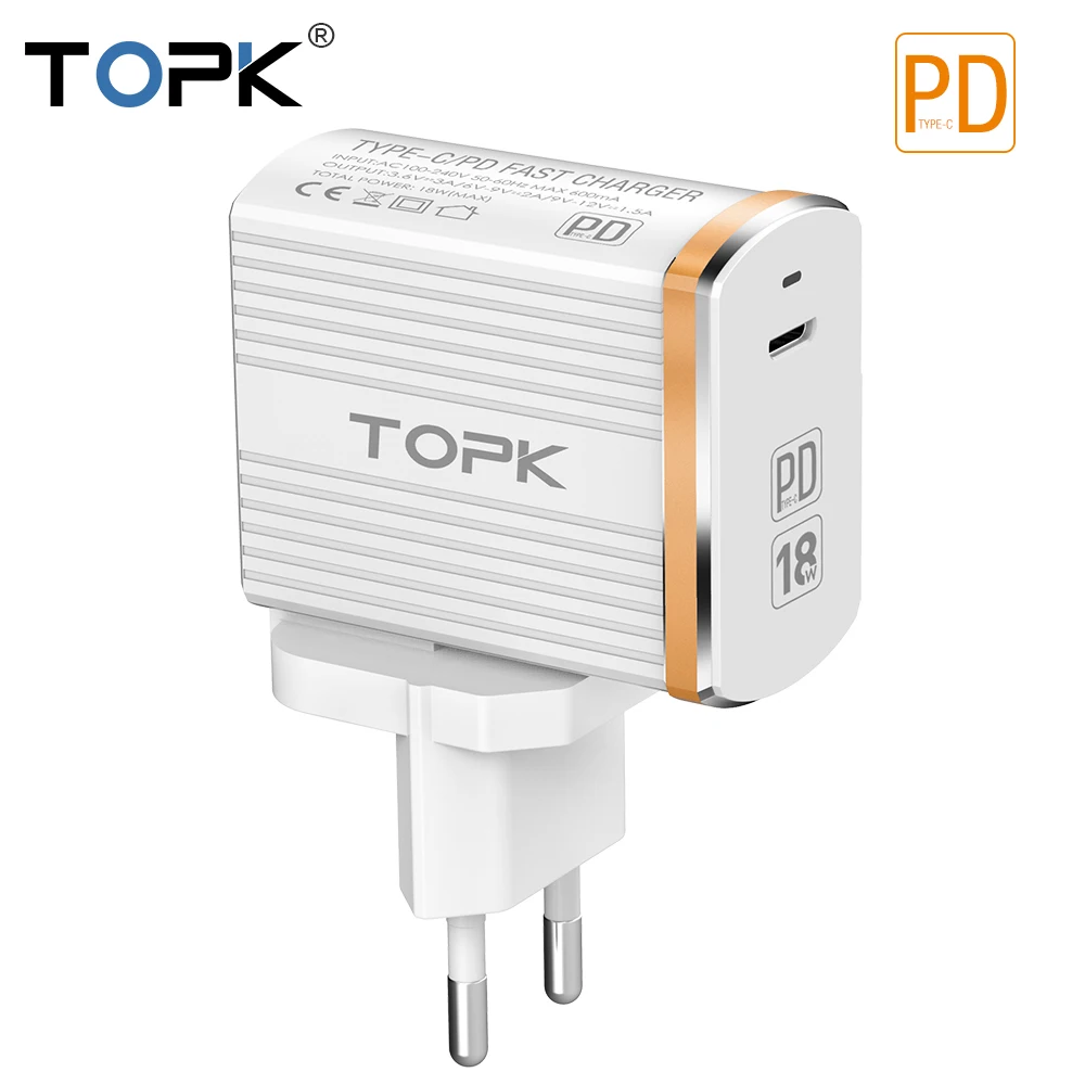 

TOPK 18W Type C PD Fast Charging USB Charger for Samsung Galaxy S9 S8 Plus EU/UK Plug Phone Quick Charger Travel USB C Port