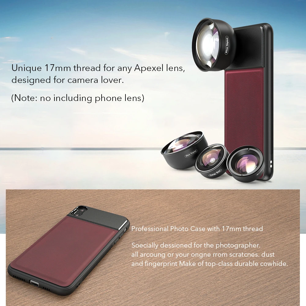 Online Funda de teléfono de alta calidad APEXEL fundas de cuero para teléfono con rosca de 17mm para iPhone X XS max Huawei p20 p30 pro para lentes de teléfono