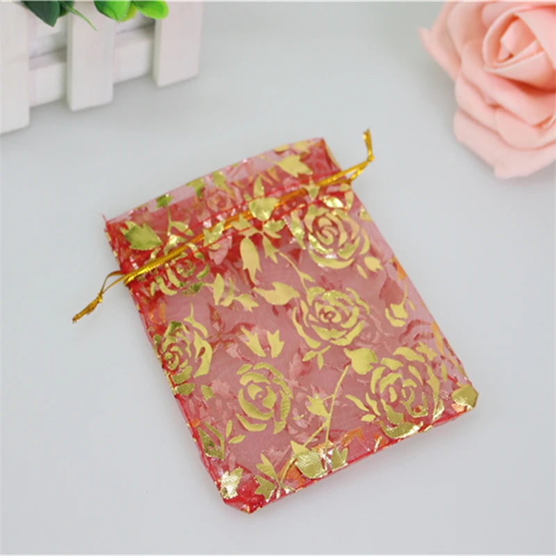 Wholesale 100pcs/lot 7*9cm Gold Rose Jewelry Organza Bags Favour