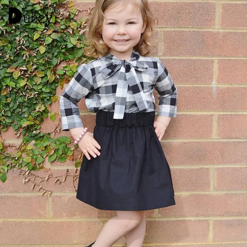kids girls suits Baby girl plaid bow knot shirt solid color short skirt