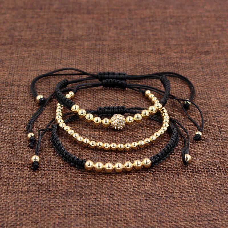 Bracelet Jewelry 3Pcs/Sets Men Bracelets Bangle Set 8mm Black CZ Ball 4/5mm Copper Beads Braiding Macrame Bracelet Sets