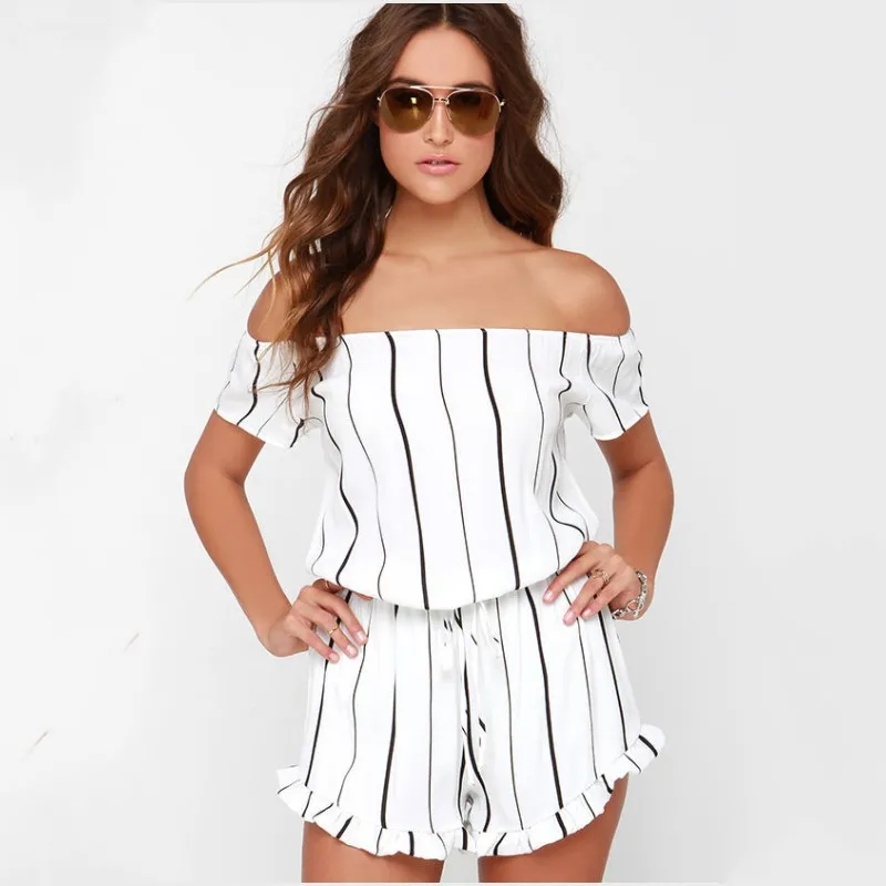 

FK1044 Lady Summer Stripes Patchwork Jumpsuits Off the shoulder Short Sleeve Elastic Waist Casual Playsuits Casual Rompers