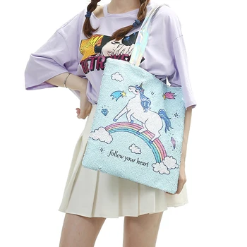 

Girl Sequin Cartoon Unicorn Handbag Children Large Capacity Mermaid Shoulder Bag For Travel Women Letter Beach Bag Shopping Tote
