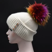 2017 New Brand Winter Adult Women wool Beanies with Real Raccoon fur POMPOMS luxury Wool Knitting hat Fashion Female Fur hat