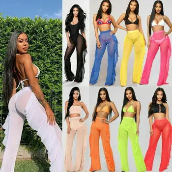 

US Women High Waist See Through Flared Ruffle Mesh Summer Long Pants Trousers