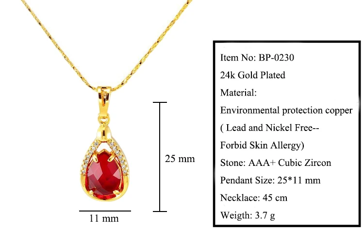 MxGxFam красный синий подвески в форме капель воды цепочки и ожерелья для женщин модные украшения 24 К чистого золота цвет AAA+ 45 см
