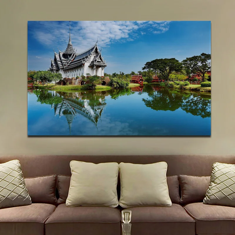 

Golden Thailand palace building nature landscape KB599 living room home modern art decor wood frame fabric poster