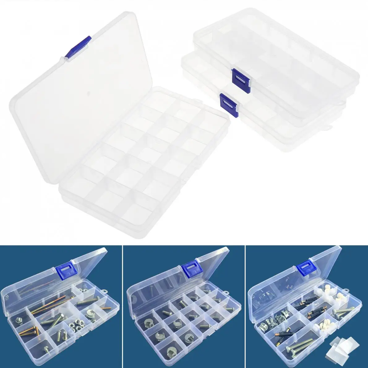 

3pcs 15Grid Adjustable Transparent Plastic Jewelry Ring Earrings Box CaseDetachable Hardware Tool Box Assortment Box with Lid