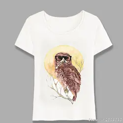 Винтаж Мудрая сова в очках с луна птицы Веселая Футболка женская летняя футболка простой Повседневное Maiden топы милые футболки для девочек