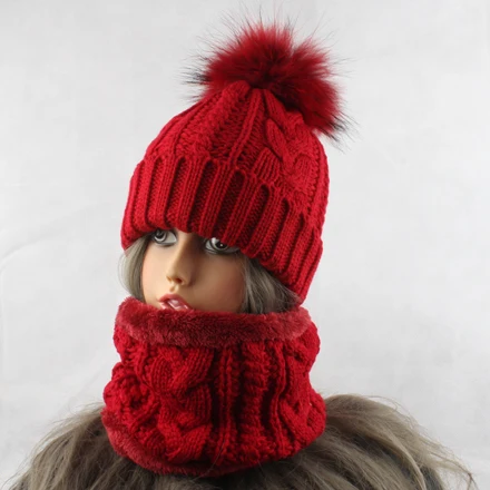Зимний флисовый внутри теплый шарф и шапка для женщин настоящая меховая шапка с вязаным помпоном Твист вязаная шапка и шарф набор - Цвет: wine red fur pom