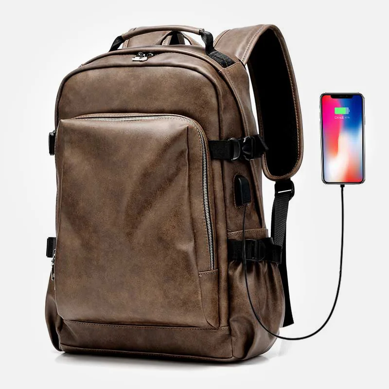 

PU Leather Men's Backpack USB Charge School Bags 15.6'' Laptop Backpacks For Man Waterproof Travel Bag Fashion Soft Handle Bags