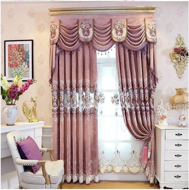 

European Pink High-grade Hollow Water Soluble Embroidery Shading Curtains for Living Dining Room Bedroom.