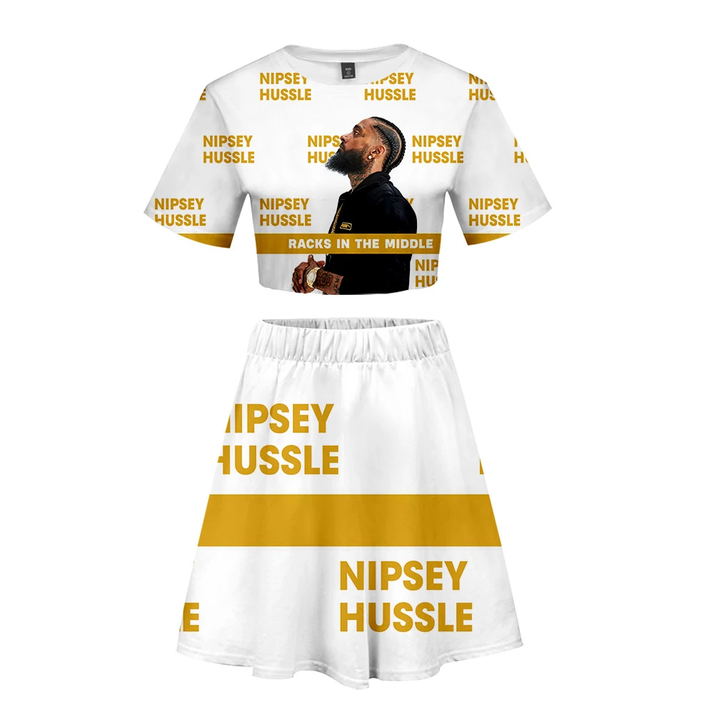 Nipsey Hussle Basic 3D уличный летний пупок с коротким рукавом + короткая юбка повседневные комплекты для женщин 2 Pic Юбки наборы хипстер KPOP крутые