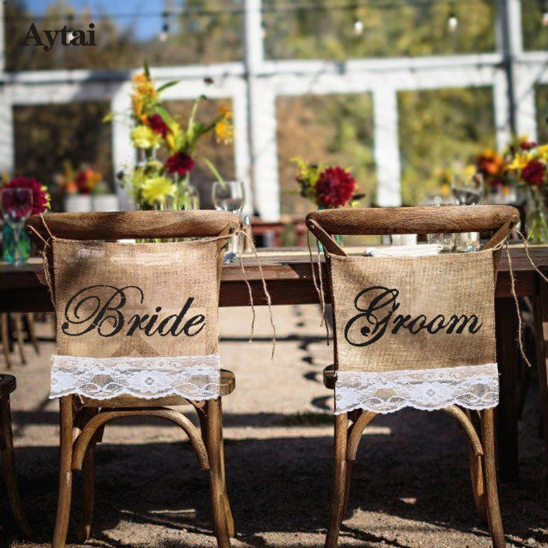 

OurWarm Bride Groom Wedding Chair Banner Burlap Party Direction Signs Hessian Banner Garland Decoration Photography Props