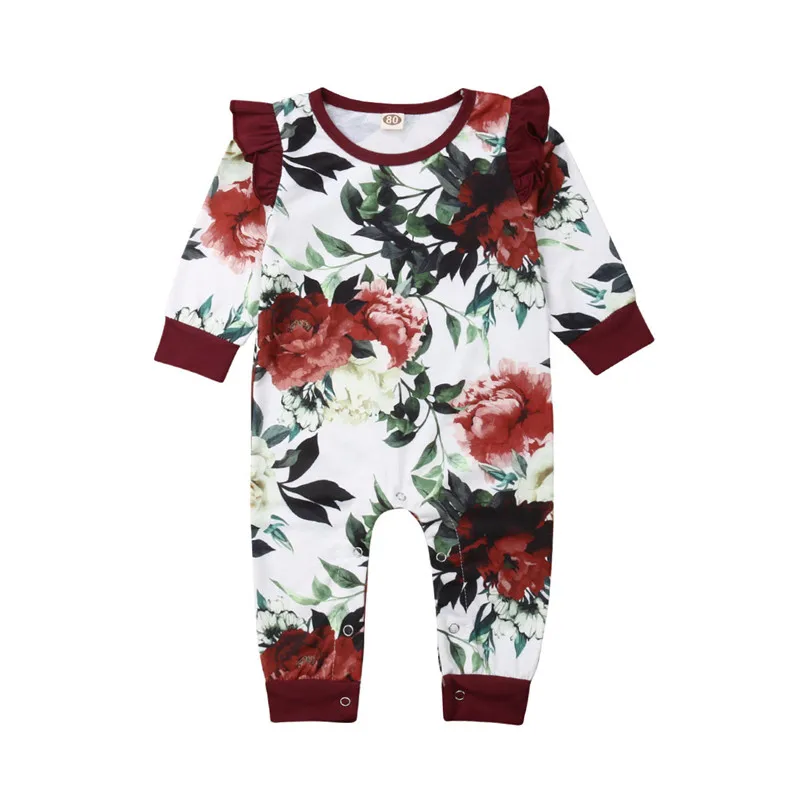 Милый комбинезон с цветочным рисунком для новорожденных девочек от 0 до 24 месяцев; одежда для маленьких девочек; комбинезон с длинными рукавами; хлопковый комбинезон с оборками; теплая весенняя одежда