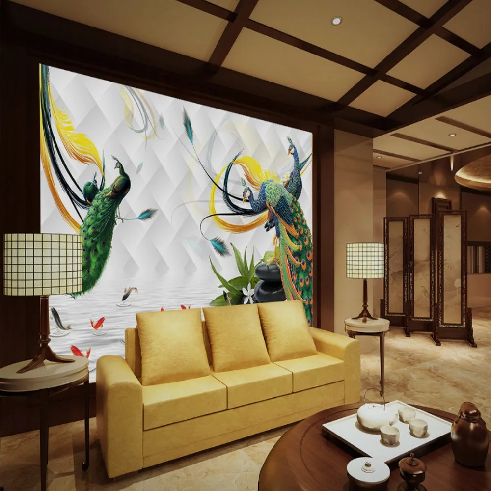 

Free Shipping Custom 3D Mural Peacock Pebble Nine Fish Illustration Living Room TV Background Wall Decorative Painting Art Mural
