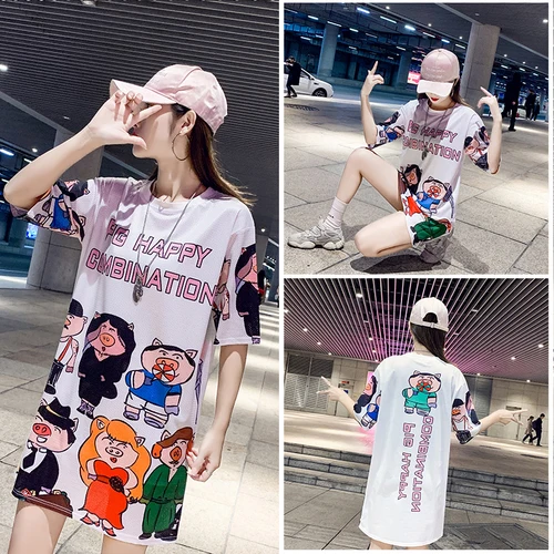 

2019 Spring Summer New White Multi Pig Print Mesh Female Middle Long Thailand Ice Women Work Wear Fashion Dresses